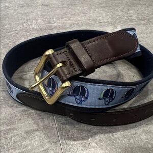 Vineyard Vines Belt Mens 38 Kentucky Derby Blue Helmets Brass Buckle Made in USA